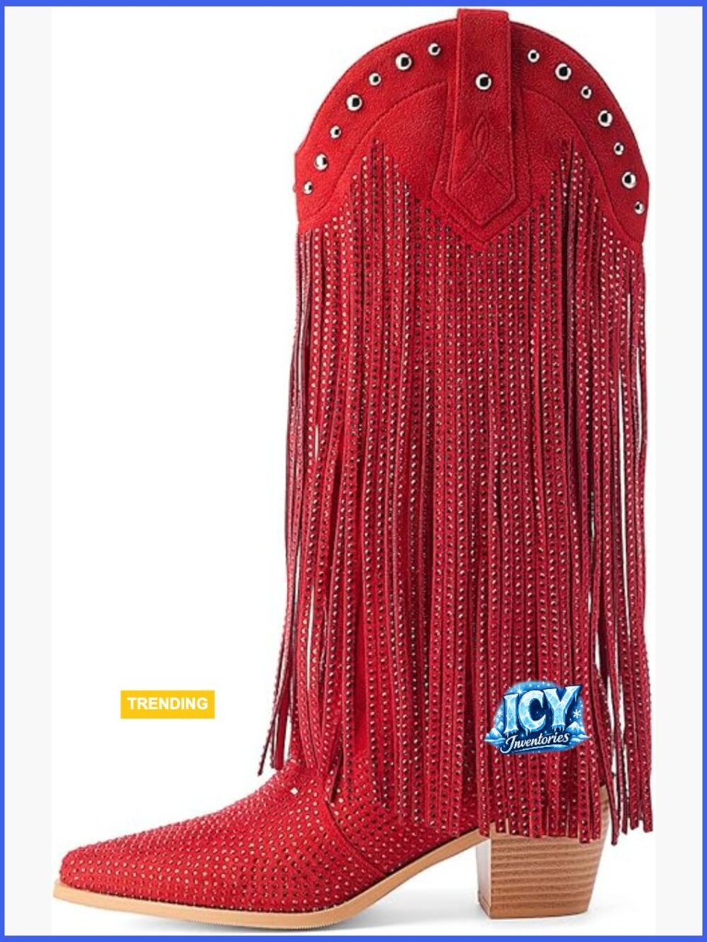 Rhinestone Fringe Cowgirl Boots Pointed Toe Chunky Heel Pull On Mid Calf